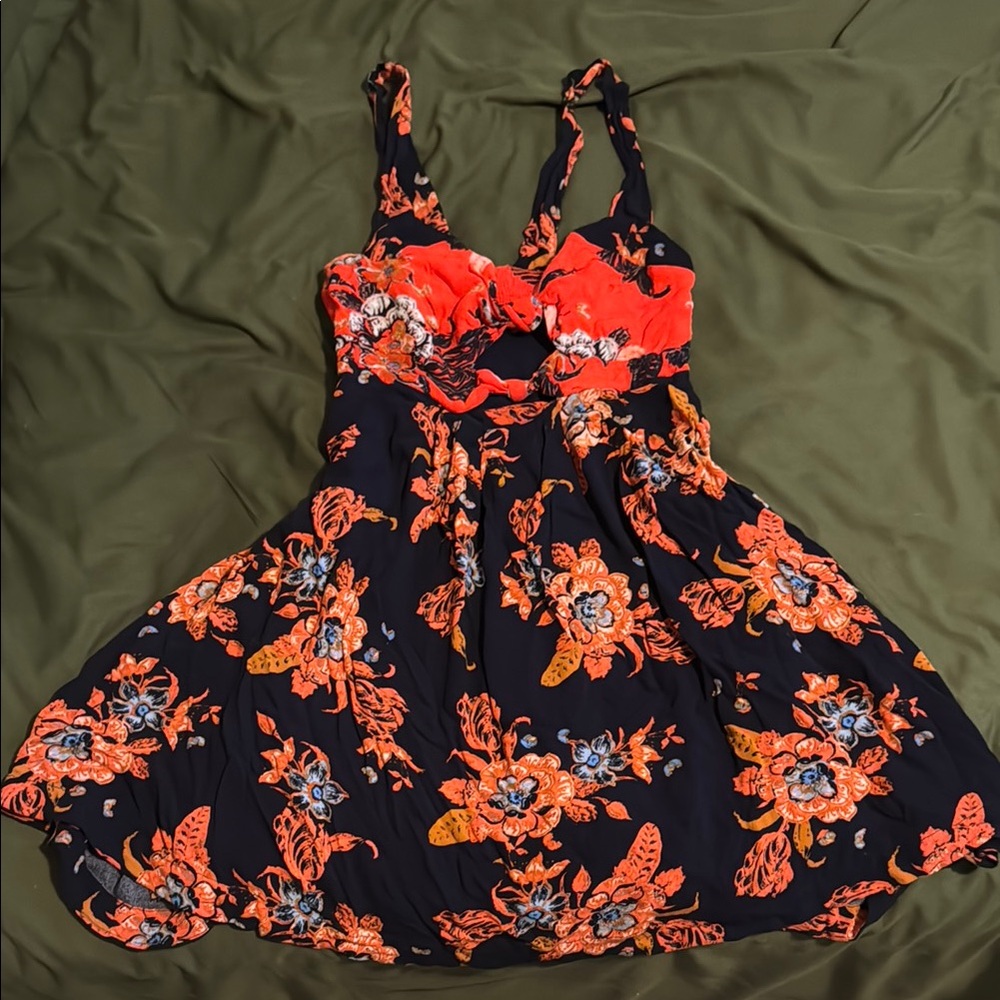 Free People Floral Mini Dress - Black and Orange